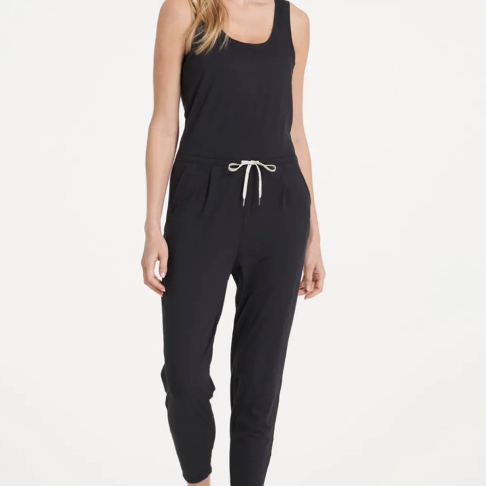 Vuori “Lux” Black Sleeveless Jumpsuit with Drawstring Waist